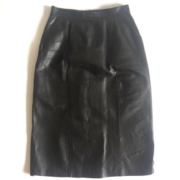 Dresses & Skirts - Vintage Leather Pencil Skirt size 12 Black Pockets Split Button & Zip